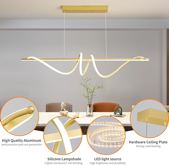 Modern LED Gold Pendant Light, 57IN Ceiling Chandelier Fixtures Dimmable with Remote Control 3000k-6500K Adjustable Color Temperature, Aluminum Island Lighting Lamp for Dining Room, Living Room