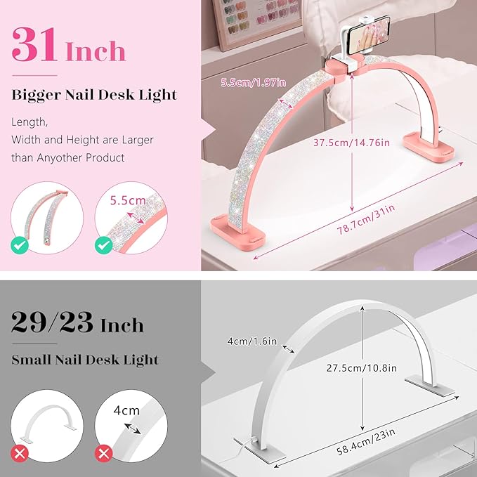 LIONVISON Half Moon Light for Nail Tech: 31 inch Lash LED Lamp with Phone Holder - 48W Foldable Arch Lights for Eyelash Tech - Manicure Handicraft Lighting for Spa,Salon