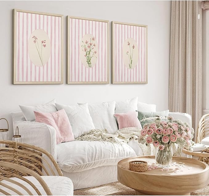 Pink Flower Wall Art Striped Floral Prints Botanical Canvas Wall Decor Aesthetic Pictures Pastel Pink Floral Poster Minimalist Flower Painting for Girl Room 16x24 Inch Framed Set of 3
