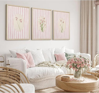 Pink Flower Wall Art Striped Floral Prints Botanical Canvas Wall Decor Aesthetic Pictures Pastel Pink Floral Poster Minimalist Flower Painting for Girl Room 12x16 Inch Framed Set of 3