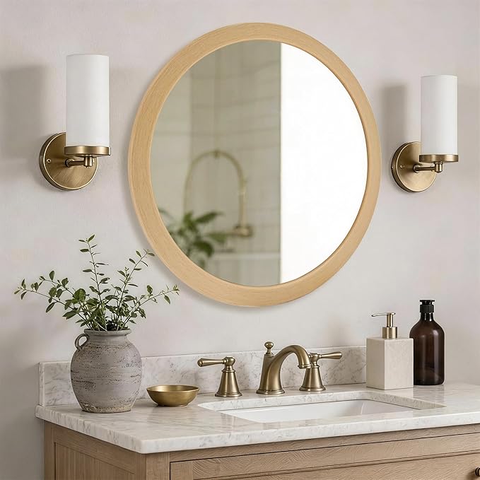 CULER Round Mirrors 24 Inch,Wood Vanity Wall Rustic Mirror, Natural Circle Tempered Glass Mirror for Bathroom Bedroom Living Room or Entryway
