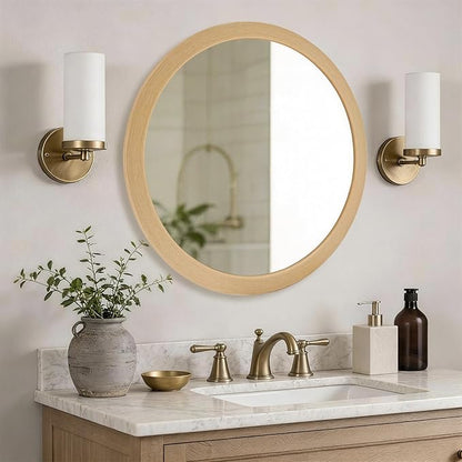 CULER Round Mirrors 24 Inch,Wood Vanity Wall Rustic Mirror, Natural Circle Tempered Glass Mirror for Bathroom Bedroom Living Room or Entryway