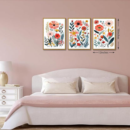 KISSFOX Colorful Wildflower Canvas Wall Art Set Of 3 Flowers Pictures Prints Flowers Printing Floral Watercolors Flower wall Decor Living Room Girls Bedroom Bathroom (Blue Orange, 12"x16" Natural Framed, Framed)
