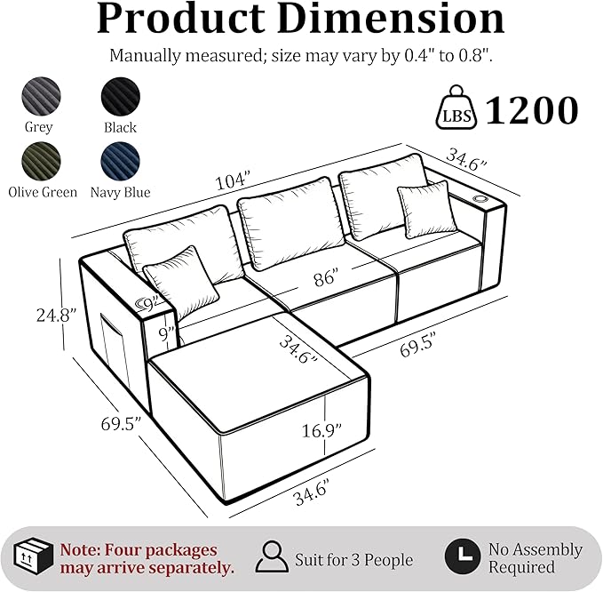 104'' L-Shaped Cloud Modular Sectional Sofa, Modern Corduroy Memory Foam Couch with Cup Holders, Upholstered Boneless Deep Seat Fluffy 3-Seater Sofa with Ottoman, No Assembly Needed, Black