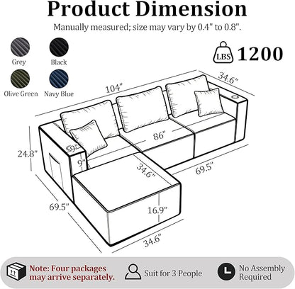 104'' L-Shaped Cloud Modular Sectional Sofa, Modern Corduroy Memory Foam Couch with Cup Holders, Upholstered Boneless Deep Seat Fluffy 3-Seater Sofa with Ottoman, No Assembly Needed, Black