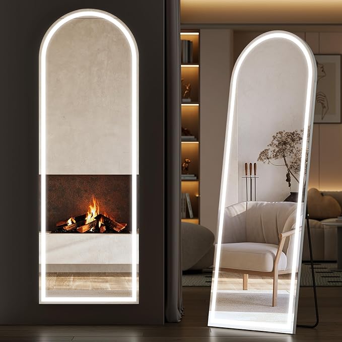 Sweetcrispy Arched Full Length Mirror with LED Lights, 63"x21" Lighted Full Body Floor Mirror with Dimming & 3 Color Lighting, Stand for Bedroom, Dressing Room, White