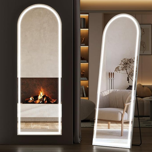 Sweetcrispy Arched Full Length Mirror with LED Lights, 63"x21" Lighted Full Body Floor Mirror with Dimming & 3 Color Lighting, Stand for Bedroom, Dressing Room, White