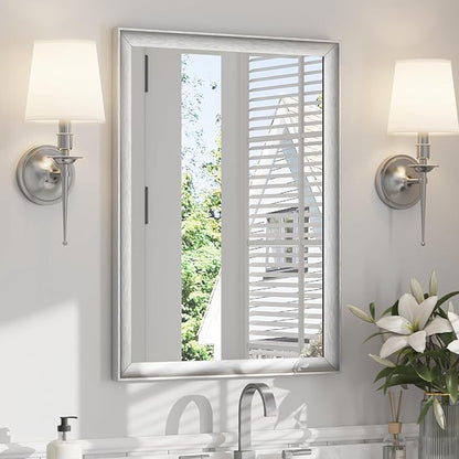 USHOWER Brushed Nickel Bathroom Mirrors for Over Sink 22x30 Inch, Metal Framed Rectangle Vanity Mirror for Wall, Bedroom, Living Room, Entryway, Anti-Rust, HD Tempered Glass, Horizontal/Vertical