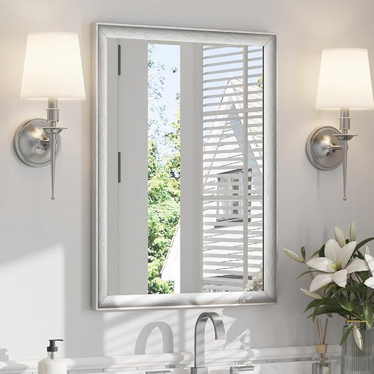 USHOWER Brushed Nickel Bathroom Mirrors for Over Sink 22x30 Inch, Metal Framed Rectangle Vanity Mirror for Wall, Bedroom, Living Room, Entryway, Anti-Rust, HD Tempered Glass, Horizontal/Vertical