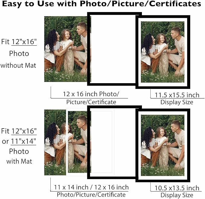 JCJMY 12 Pack 12x16 Picture Frame with 11x14 Mat, Display 11x14 with Mat or 12x16 Without Mat, 12 by 16 Frames Bulk Set of 12 Collage Gallery Wall Decor Photo Frames Set for Wall,Black