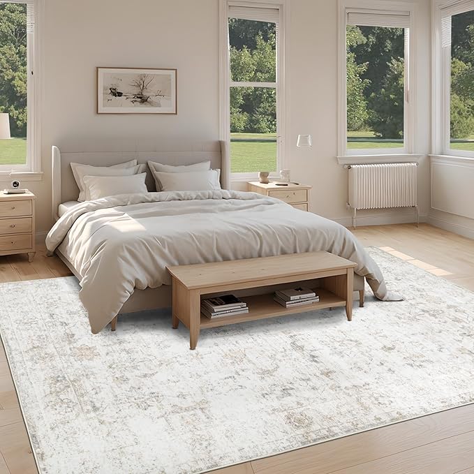 Washable 6×9 Area Rug for Living Room, Vintage Floral Rug Soft Non Slip Stain Resistant Boho Carpet for Indoor Bedroom Dinning Room Home Office Beige New