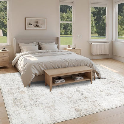 Washable 9×12 Area Rug for Living Room, Vintage Floral Rug Soft Non Slip Stain Resistant Boho Carpet for Bedroom Dinning Room Home Office Beige New