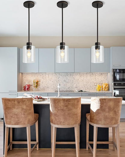 2 Pack Brown and Gold Pendant Lights for Kitchen Island, Modern Brown Hanging Light with Clear Glass Shade, Adjustable Metal Rod Pendant Lighting for Dining Room, Bar, Living Room