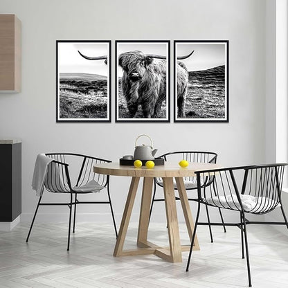 Yatsen Bridge Farmhouse Highland Cow Canvas Wall Art Black White Vintage Farmhouse Cow Picture for Kitchen Wall Decor Country Animal Print Artwork for Living Room Bedroom Decoration 16x24inchx3pcs