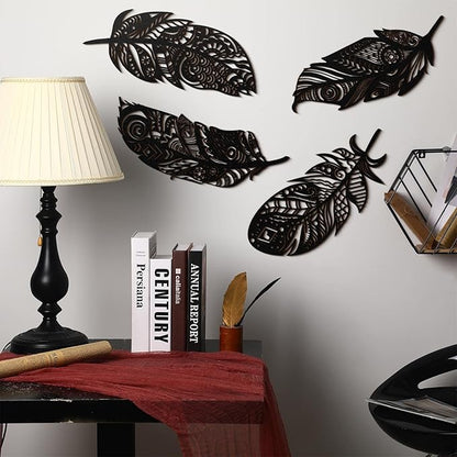Qunclay 4 Pieces Feather Wall Decor Wooden Feather Wall Art Boho Wall Decor Laser Cut Hanging Mandala Large Rustic Farmhouse Wood Sign for Home Living Room Bedroom Bathroom Kitchen(Black)