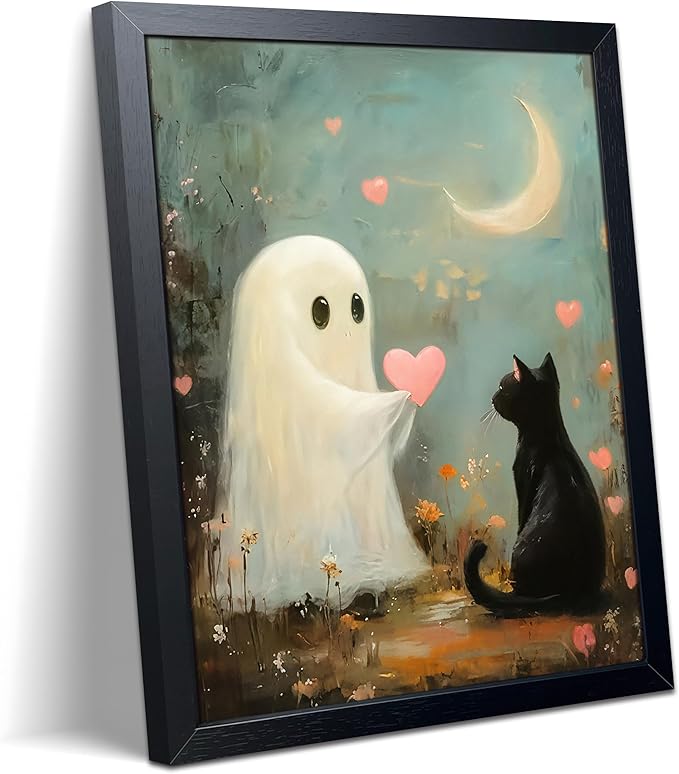 Cute Ghost Cat Love Wall Art Canvas Framed Poster Painting Print Picture, Kawaii Spirit Giving Heart to Black Cat Artwork, Romantic Aesthetic Halloween Decor for Bedroom Living Room Nursery Home 16x24 Inch