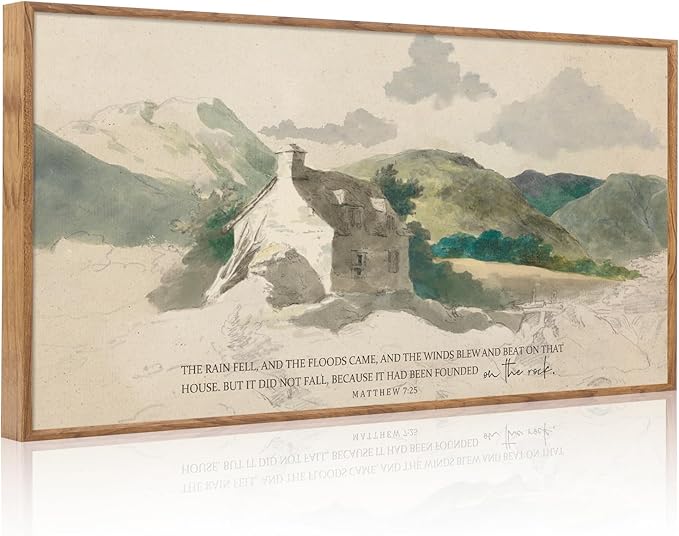 Aurlan House Built on the Rock Matthew 7:25 Wall Art(40"x20"), Boho Jesus Christian Bible Verse Scripture Canvas Artwork, Large Vintage Abstract Mountain Nature Landscape Decor for Home Dining Room Christ Gift