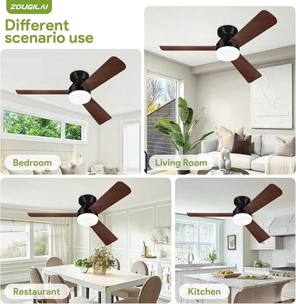 Ceiling Fans with Lights - 42 Inch Low Profile Ceiling Fan with Light and Remote, Reversible DC Motors, 3CCT Dimmable Noiseless, Black&Wood Flush Mount Ceiling Fan for Bedroom/Living Room