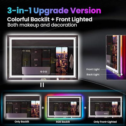 Snowdool LED Mirror for Bathroom, 72"X36" with 8 RGB Backlit +3 Front Lit (Adjustable Individually), Anti-Fog, Large Lighted Bathroom Vanity Mirror for Wall,Shatterproof,Memory Function,Tempered Glass