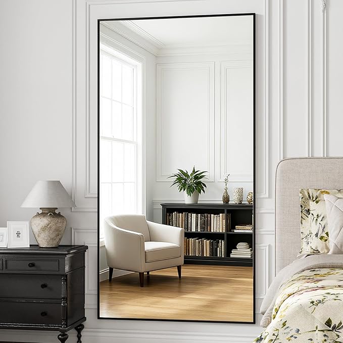 Full Length Mirror, 76"x34" Large Floor Mirror with Stand, Tall Full Body Mirrors for Bedroom, Hanging Mounted for Living Room Cloakroom, Aluminum Alloy Frame, Black