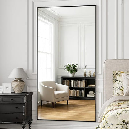 Full Length Mirror, 76"x34" Large Floor Mirror with Stand, Tall Full Body Mirrors for Bedroom, Hanging Mounted for Living Room Cloakroom, Aluminum Alloy Frame, Black