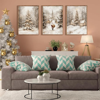 Christmas Wall Art Decor Winter Santa Pictures Vintage Christmas Canvas Poster Snowy Pine Trees Wall Art Xmas Forest Prints Santa Claus Painting Artwork for Bedroom Living Room 16x24x3 Inch Unframed