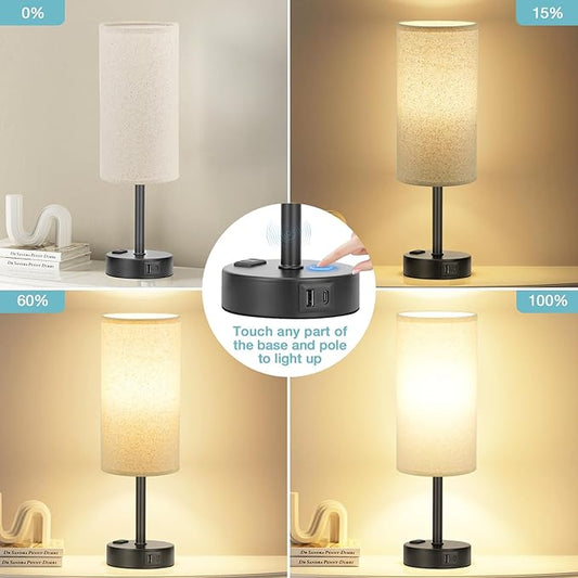 Fenmzee Beige Touch Table Lamp for Bedroom - 3 Way Dimmable Bedside Lamp USB C Charging Ports and AC Outlet, Small Lamp with Fabric Shade Black Base for Living Room, Office Desk, LED Bulb Included