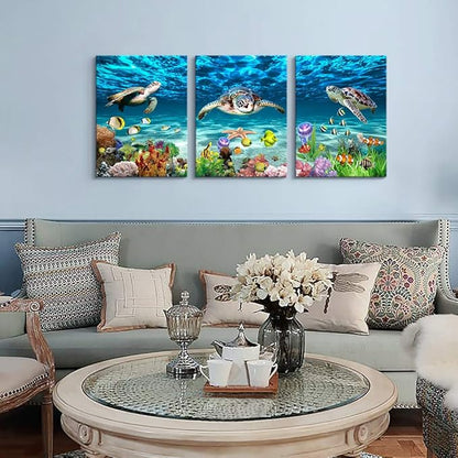AHUASJART Canvas Wall Art for Living Room Large Size Wall decor for Bedroom Modern Bathroom Wall Decoration blue Ocean Painting Sea Turtle Pictures Ready to Hang Office Artwork 20" x 28" 3 Piece