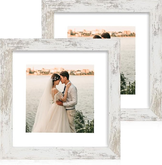 iRahmen 8x8 Picture Frame with Mat 6x6 - High Definition Real Glass Wooden Photo Frames for Tabletop Display and Wall Mounting (Distressed-White, Set of 2)