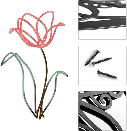Oubasa 3 Pieces Metal Flowers Wall Art Decor, Rustic Farmhouse Metal Wall Ornament Arts Pink Minimalist Floral Decor for Bathroom Kitchen Bedroom Living Room, 6x10 Inches - Housewarming Gifts