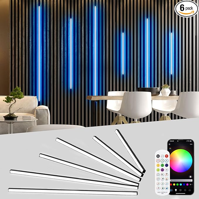 Lichaser RGB Black Smart Recessed Lighting for Acoustic Panel, 6 Pcs WiFi LED Strip Light for Wood Slat Wall Panel Compatible with Alexa, Self-Adhesive Smart LED for Slat Wall (2*24+2*16+2*13 in)