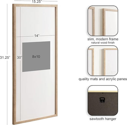 Kate and Laurel Gallery Rectangular Panel Picture Frame Set of 2, 14 x 30 matted to 8 x 10, Light Natural, Modern Tall Two-Piece Photo Frame Set for Gallery Wall Decor in Living Room Wall Display