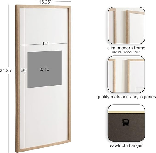 Kate and Laurel Gallery Rectangular Panel Picture Frame Set of 2, 14 x 30 matted to 8 x 10, Light Natural, Modern Tall Two-Piece Photo Frame Set for Gallery Wall Decor in Living Room Wall Display