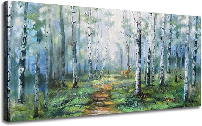 Enartly Birch Tree Wall Art for Living Room, Large Wall Decor Canvas Painting Green Forest Nature Picture Scenery Artwork Textured Framed for Bedroom Hallway Home Office Decoration 48"x24"