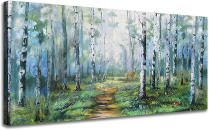 Enartly Birch Tree Wall Art for Living Room, Large Wall Decor Canvas Painting Green Forest Nature Picture Scenery Artwork Textured Framed for Bedroom Hallway Home Office Decoration 58"x29"