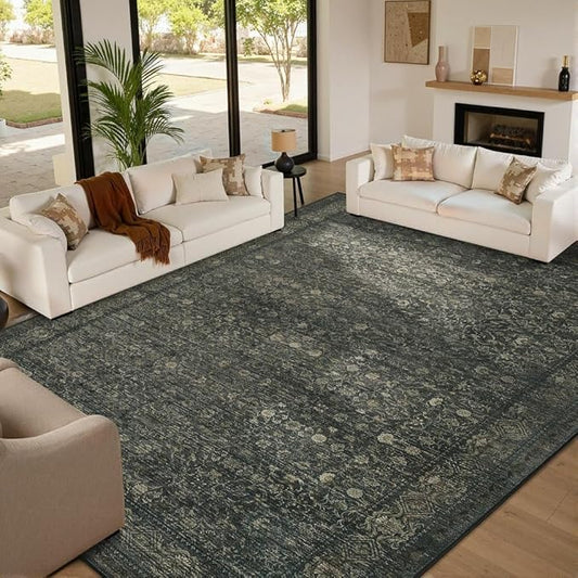 10x14 Washable Area Rug for Living Room, Extra Large,Green Vintage Floral Boho Rugs for Dining Room, Farmhouse, Durable Low Pile Non Slip Carpet for High Traffic Areas, Moss Brown