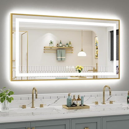 55x30 Inch LED Bathroom Mirror with Gold Frame, Backlit & Front Lit, Anti-Fog Lighted Bathroom Vanity Mirror for Wall, Memory Function, Dimmable, HD Tempered Glass, Shatter-Proof