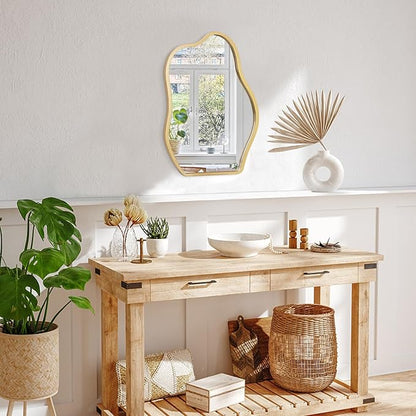 Gold Mirror for Wall Decor Cute and Stylish Unique Wooden Framed Wall Mirror Asymmetrical Vanity Artistic Cloud Mirror Decorative for Living Room Bedroom Bathroom Entryway