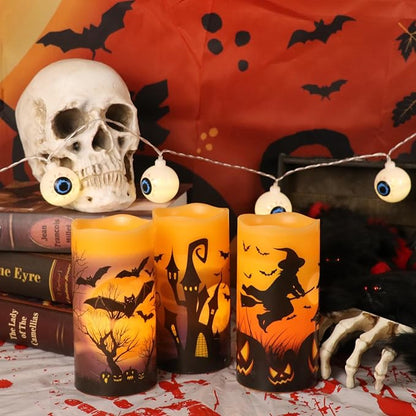 Halloween LED Flameless Pillar Candles Battery Operated with 6 Hour Timer Set of 3 Orange Wax Warm Light Flickering Witch Bats Castle Spooky Decals Halloween Decor Gifts(3 x 6 Inch)