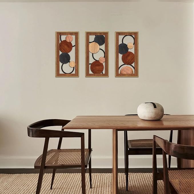 KAIRNE Boho Abstract Wooden Wall Art,3 Pieces Vintage Modern Wall Sculptures,Rustic Farmhouse Framed Hanging Decor,Minimalist Mid Century Wall Decor for Living Room Bedroom Kitchen Office,8X16 inch
