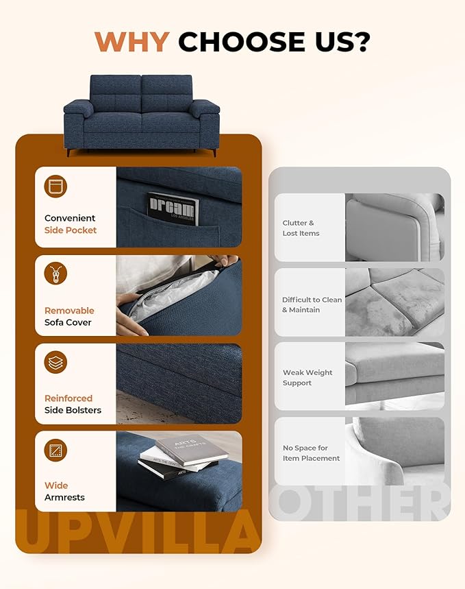 Upvilla 71.25" Modern Sofa Couch for Living Room, Deep Seat Sofas with 8”Cushion, Comfy 2-Seater Chenille Loveseat with Convertible Armrest, Removable Sofa Cover, High Leg(Blue)