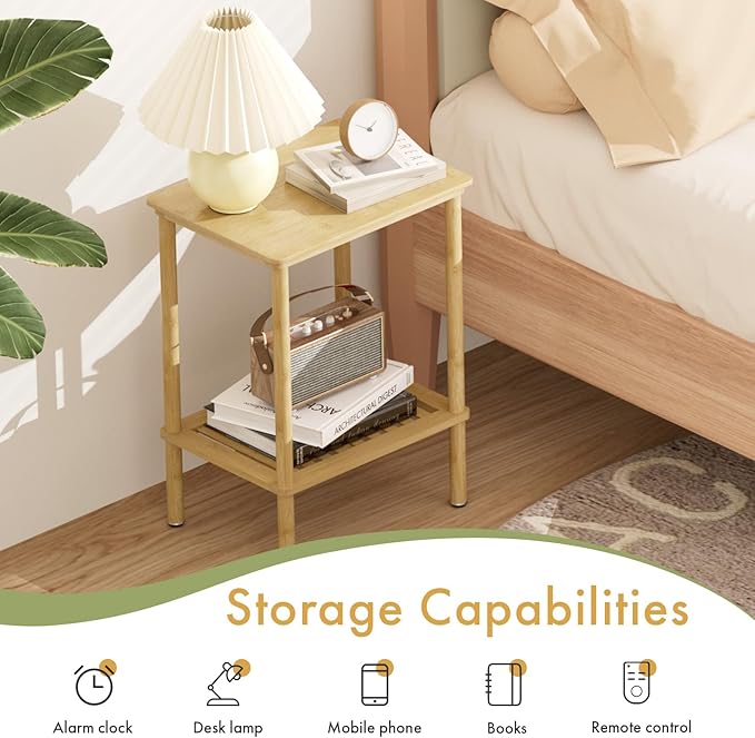 2 Tier Bamboo End Table, Narrow Side Table with Adjustable Feet, Waterproof Small Bedside Table, Nightstand, Entryway Table for Living Room Bedroom Bathroom, No Tool Assembly, 66LBS Capacity