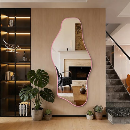 Irregular Mirror Full Length, 67"x31" Asymmetrical Tempered Glass Wall Mirror, Large Pink Organic Frameless Mirrors for Living Room Bedroom Hallway Entryway, Horizontal or Vertical Hanging