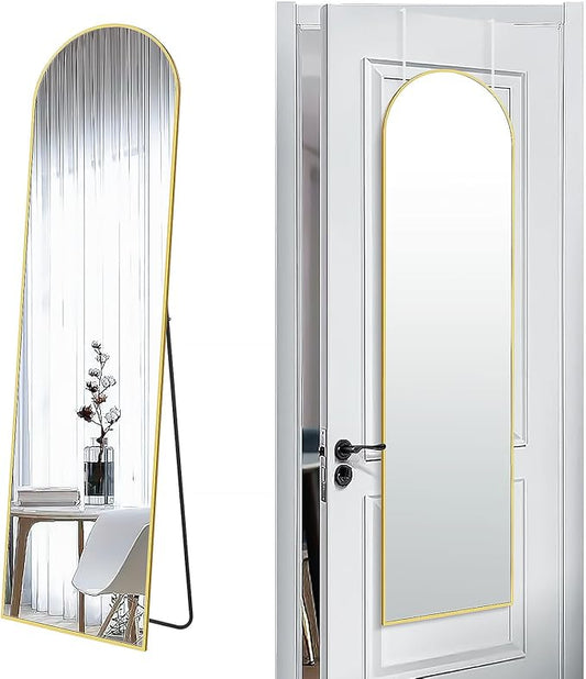 SCWF-GZ 57x16 Door Hanging Full Length Mirror, Floor Stand (Height 5.7ft just Body in1.3ft) / Wall Mounted Metal Frame Arch Dressing Mirrors for Bedroom Living Room 57 inch Gold