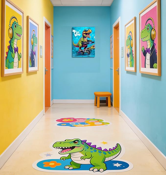 12x16 Graffiti Blue Skateboard T-Rex Dinosaur Canvas Wall Art Prints, Framed Watercolor Animal Pop Cool Painting, Funny Kids & Teen Boy Bedroom Decor, Home Bathroom Living Room Wall Poster Gift
