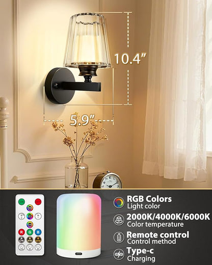 Adetu Crystal Wall Sconces Set of Two, Battery Operated Wall Sconce with 10000mAh Dimmable Magnetic Bulbs and Remote, RGB Rechargeable Wall Lights for Bedroom Living Room Hallway Decor
