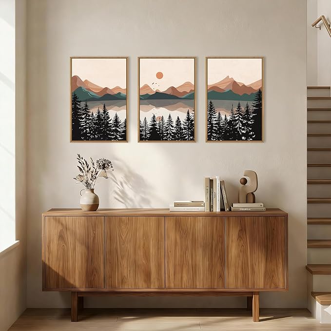 KAIRNE Vintage Mountain Lake Framed Canvas Wall Art Set, Mid Century Forest Wall Decor, Nature Pine Tree Art Prints, Modern Boho Sunset Artwork for Living Room,Bedroom,Farmhouse,Office-16 x24 x3
