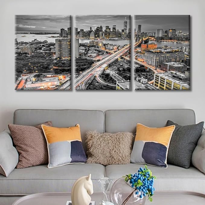 TUMOVO Brooke Bridge, Manhattan, New York Skyline Black and White Wall Art 3 Pieces Nighttime Lightscape Bedroom Living Room City Skyline Wall Decor for Living Room Framed Ready to Hang (36" Wx16 H)