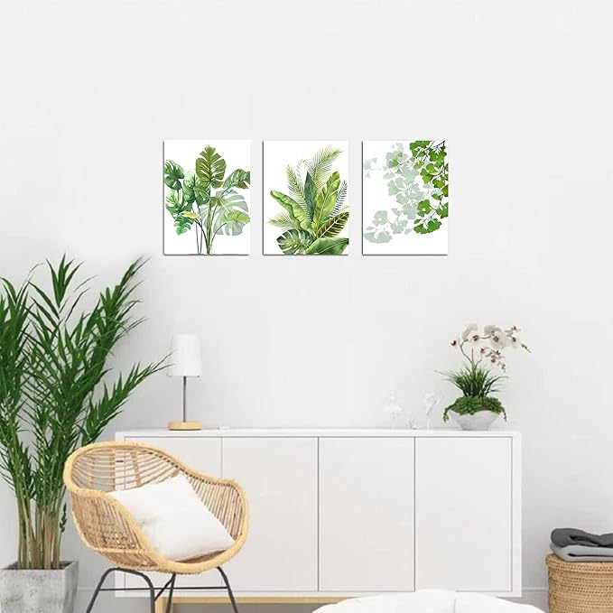 Enartly Green Leaf Wall Art Nature Plants Canvas Minimalist Leaves Prints Botanical Picture Tropical Floral Painting Artwork Framed for Bathroom Living Room Bedroom Office Home Decor 12"x16"x3