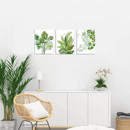 Enartly Green Leaf Wall Art Nature Plants Canvas Minimalist Leaves Prints Botanical Picture Tropical Floral Painting Artwork Framed for Bathroom Living Room Bedroom Office Home Decor 12"x16"x3
